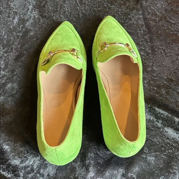 Green Pointy Toe Suede Loafers with Gold Horsebit Accent - Picture 6 of 6
